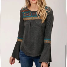 Roper Bell Sleeve Grey Embroidered   Top Blouse Western Cowgirl Women's Medium
