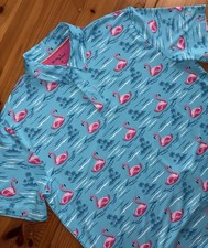 Birdie Bound Mens Medium Blue Flamingo Print Golf Polo Shirt Stretch Performance