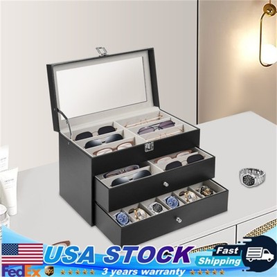 24 Slots 3 Layers Watch Box Leather Display Case Organizer Jewelry Storage Box