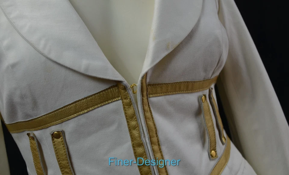 Arden B. Blazer light coat suit jacket cream stretch cotton gold faux leather XS — 第 4/4 张图片