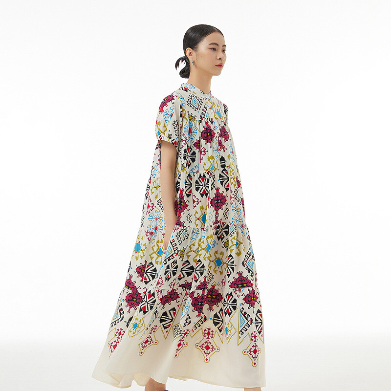 Women's Summer Dresses Ethnic Style Floral Casual Short Sleeve Swing Long Dress