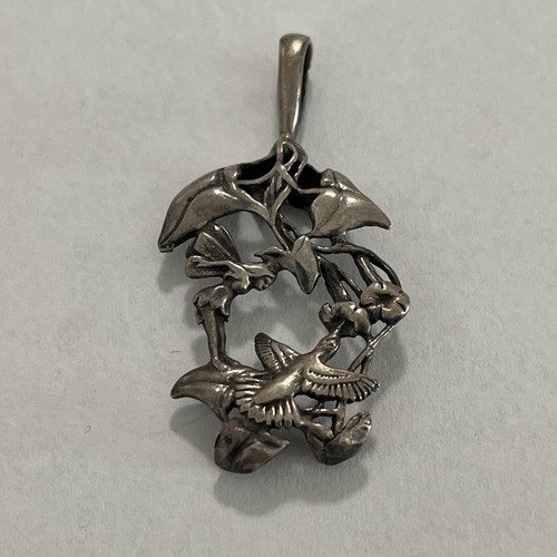 Vintage 925 Art Nouveau Hummingbird Feeding Flower Pendant