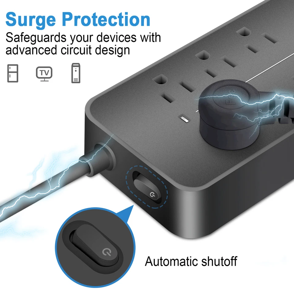 Surge Protector US Power Strip 4 FT Extension Cord Outlets 3 USB & 1 USB-C Port - Image 4 of 4