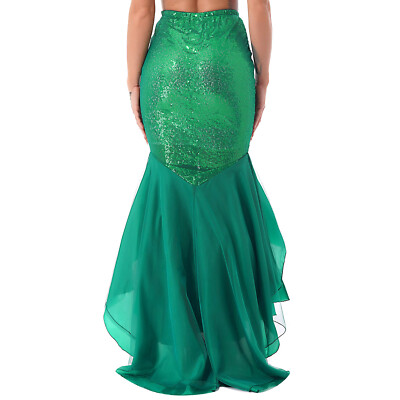 Yizyif Women's Party Costume Sequins Mermaid Long Tail Skirt with Asymmetric Mesh Panel (Large) Green