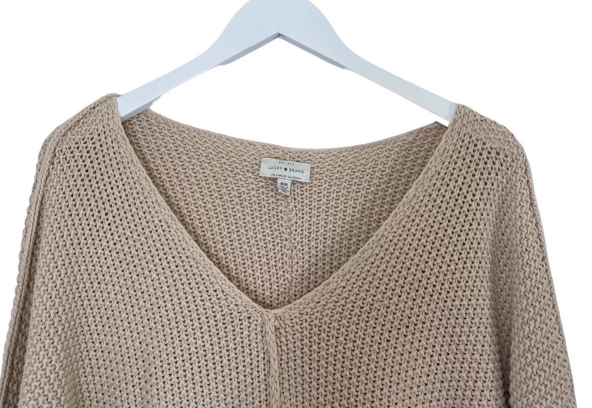 Lucky Brand V-Neck Beige Chunky Knit Sweater Women’s Size M