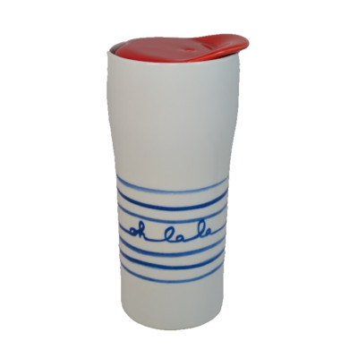 Ciroa Travel Tumbler Ceramic White Blue Oh La La Stripe Red Lid 16oz