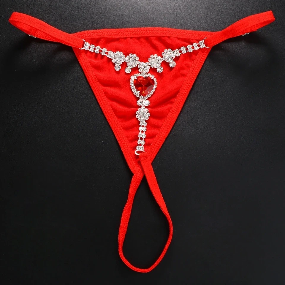 Sexy Red Crystal Heart Bikini Thong G String Rhinestone Panties For Women - Image 3 of 4