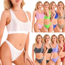 Women Glossy Bikini Set Tank Crop Top G- String Briefs Swimwear Yoga Outfits