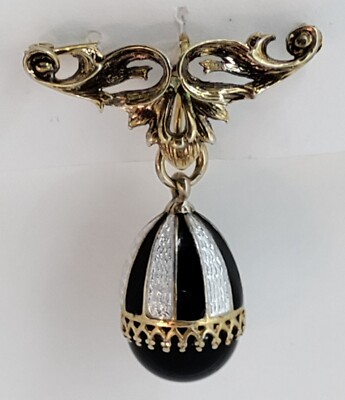 Vintage Solid Sterling Silver Gilt Guilloche Enamel Egg w/ Floral Scroll Brooch