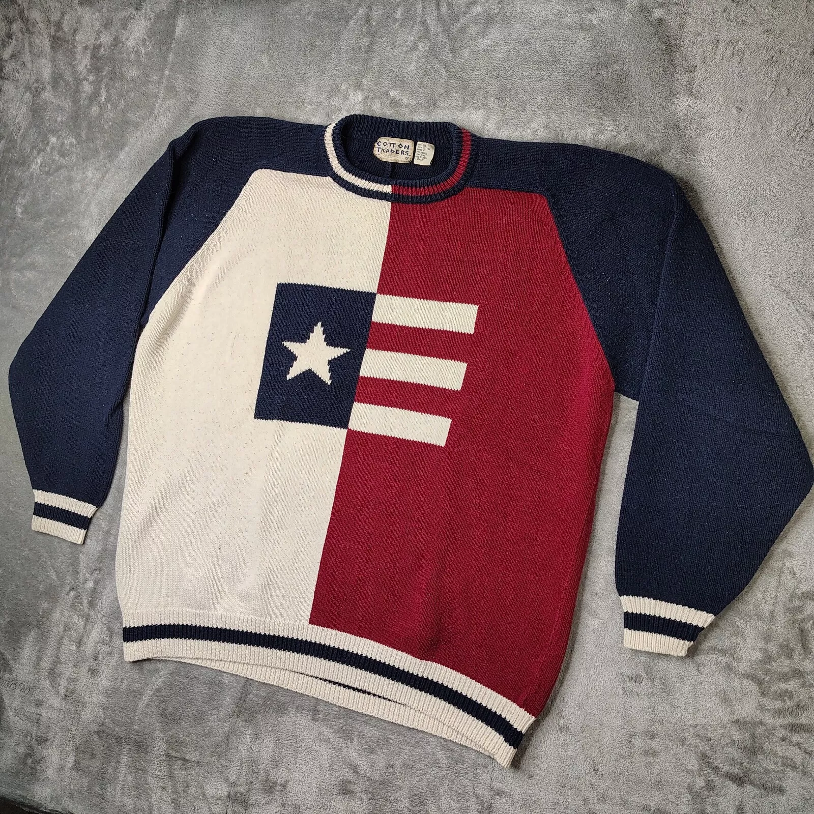 Pull vintage coton commerçant homme XL rouge blanc bleu drapeau Texas tricot épais gros