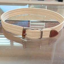 Women's Cream/Ecru Woven Belt with Brown Leather Accents Silver Buckle