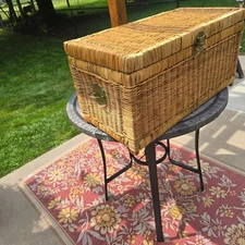 1970s Chinoiserie Wicker Trunk Or Blanket Chest With Brass Hardware Toy Box