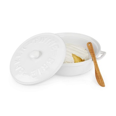Twine Ceramic Brie Baker with Acacia Wood - Set of 1, White