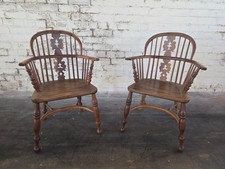 A Pair of Antique Style Yew Wood Christmas Tree Splat Narrow Arm Windsor Chairs