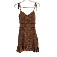 Express Women XS Brown Snake Print Tie Straps VNeck Smocked Ruffle Mini Dress