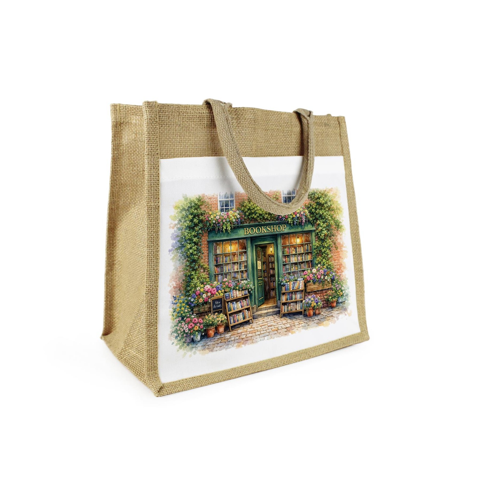 Traditional Bookshop Jute Shopping Bag - Quaint Village Book Themed Gifts