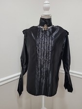 Antique Victorian Black Satin Bodice Blouse High Collar Lace Yoke 1890s