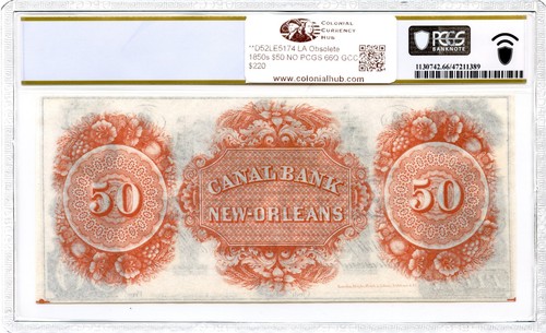 1850s $50 Canal Bank New Orleans, Louisiana Obsolete Note PCGS GEM-66 PPQ GCC - Picture 2 of 3