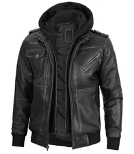 Men's Moto Style Café Racer Genuine Leather Bomber Hooded Jacket with Removable