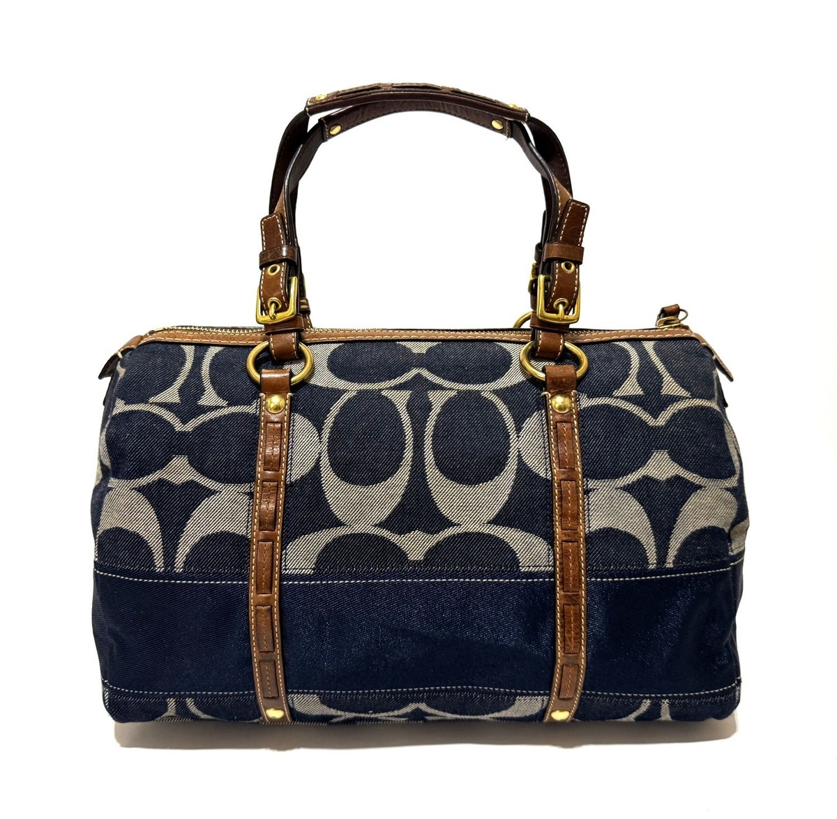 NICE Coach Signature Striped Blue Denim Medium Zip Satchel Tote