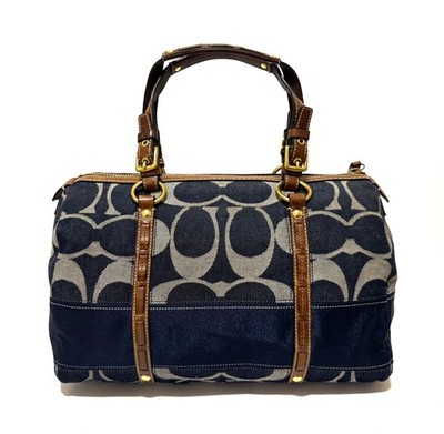 バッグ Rare Coach Signature 2186 Denim Satchel NICE Coach Signature Striped Blue Denim Medium Zip Satchel Tote