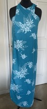 Vintage 1970"s OSFM HILO HATTIE'S Hawaii Blue/White Floral Long Wrap Dress