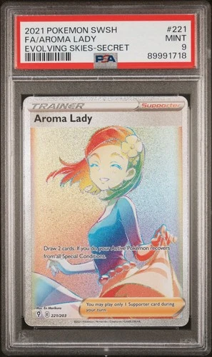2021 Pokemon Evolving Skies AROMA LADY Secret Rare Full Art Holo 221/203 PSA 9