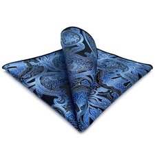 SHLAXWING Pocket Square for Men Geometric Blue Black Silk Paisley Hanky