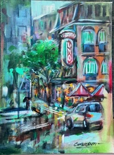 Chicago City Original Painting  9" X "12" Rain Umbrella Restaurant 