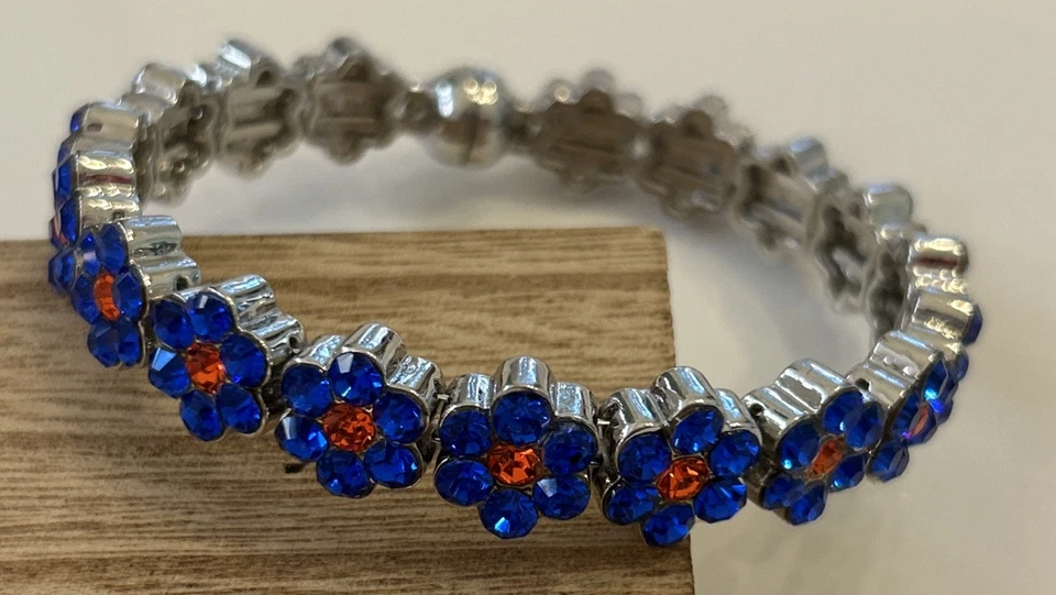 "Brazalete brazalete flor estrás azul y naranja 2,75"" Knicks Gators Mets Tigers" Foto 2 de 4