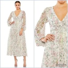 Mac Duggal Off White Cream Embellished Cocktail Floral Midi-Dress Size 4 $498