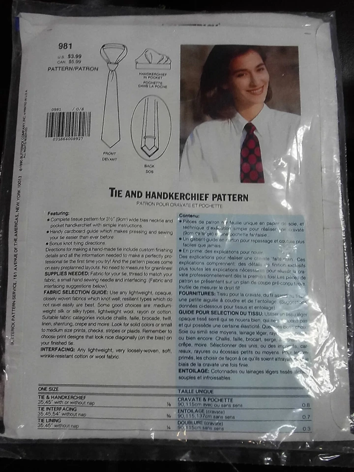 1990 VOGUE / BUTTERICK~PROFESSIONAL TIE KIT~TIE & HANDERKERCHIEF PATTERN~VINTAGE - Image 2 of 4
