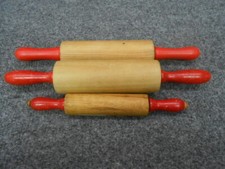 3 VINTAGE SMALL CHILDRENS WOOD ROLLING PINS/RED HANDLES