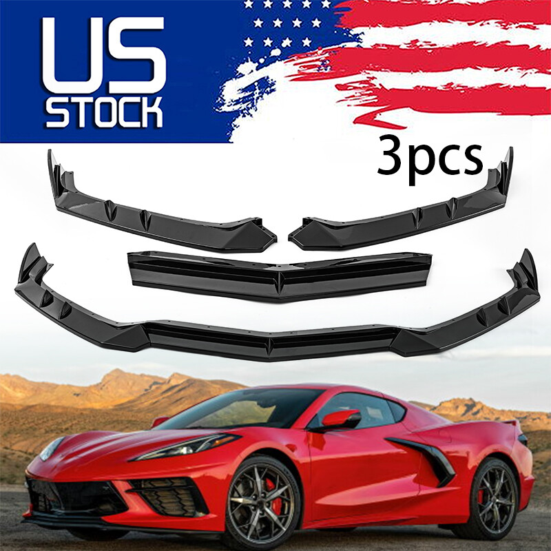 Gloss Black Front Bumper Lip Spoiler Splitter For Corvette C8 Z51 2020-2024 – 3pc Set