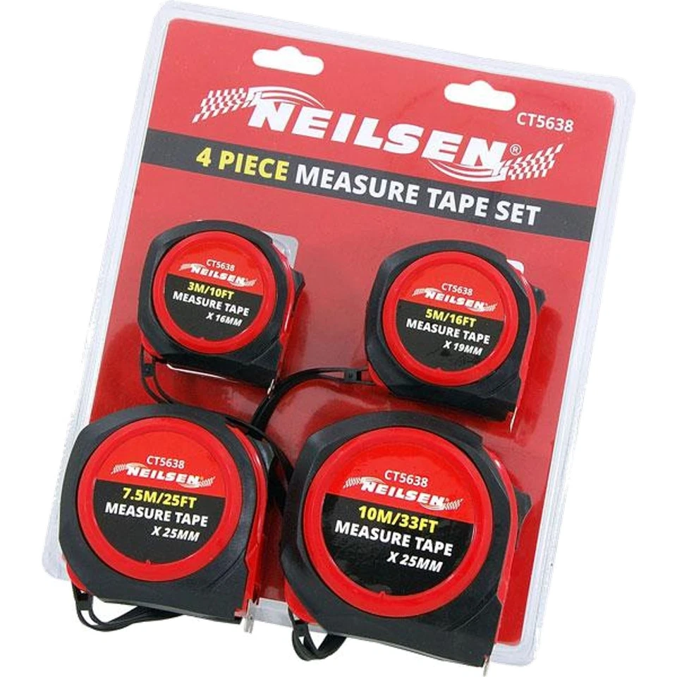 Neilsen 4pc Multi Tape Measure Imperial Metric Scale Easy Lock 3m to 10m Set - Image 2 of 3