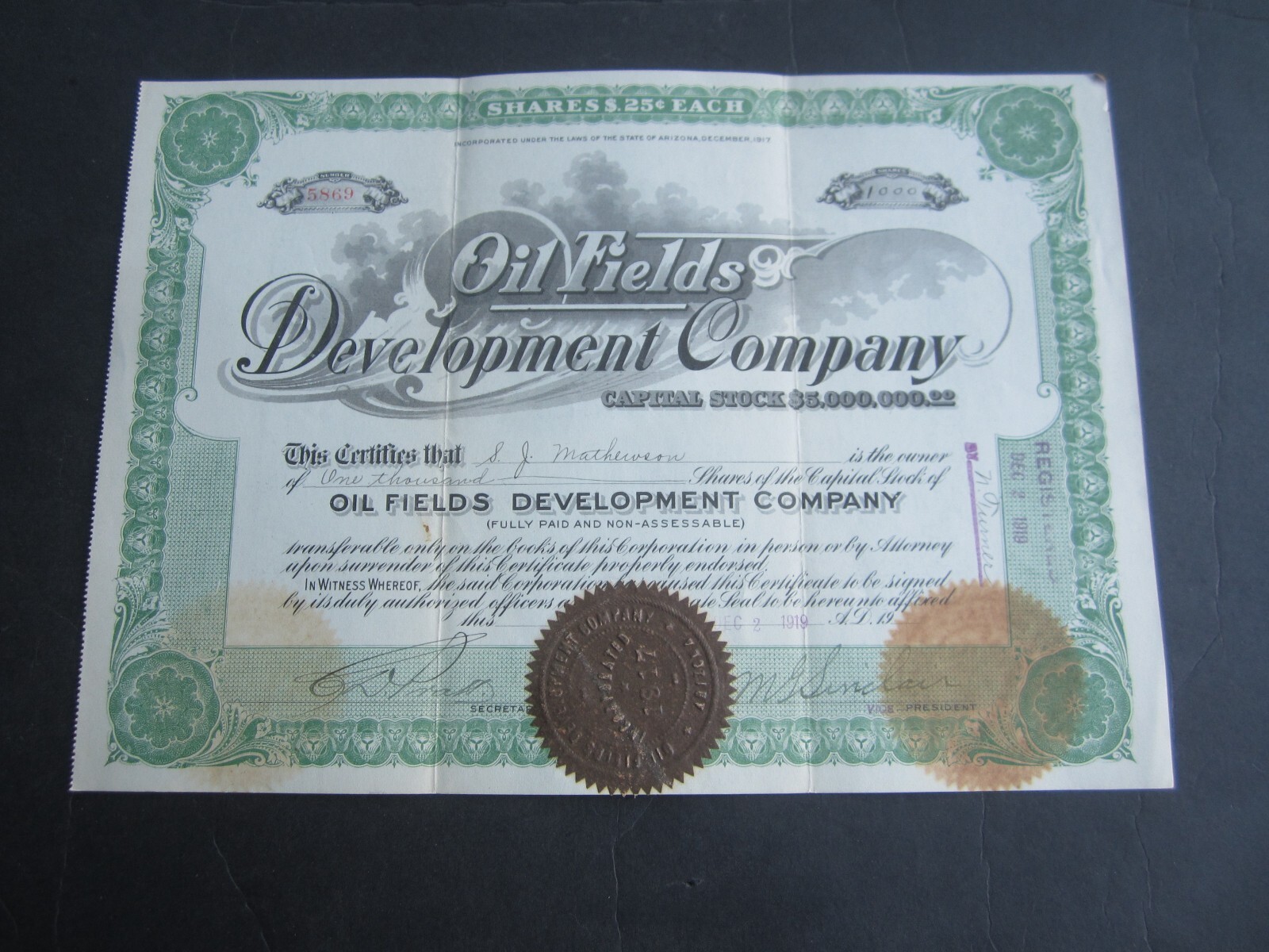 1919 - OIL FIELDS DEVELOPMENT COMPANY - Stock Certificate - ARIZONA