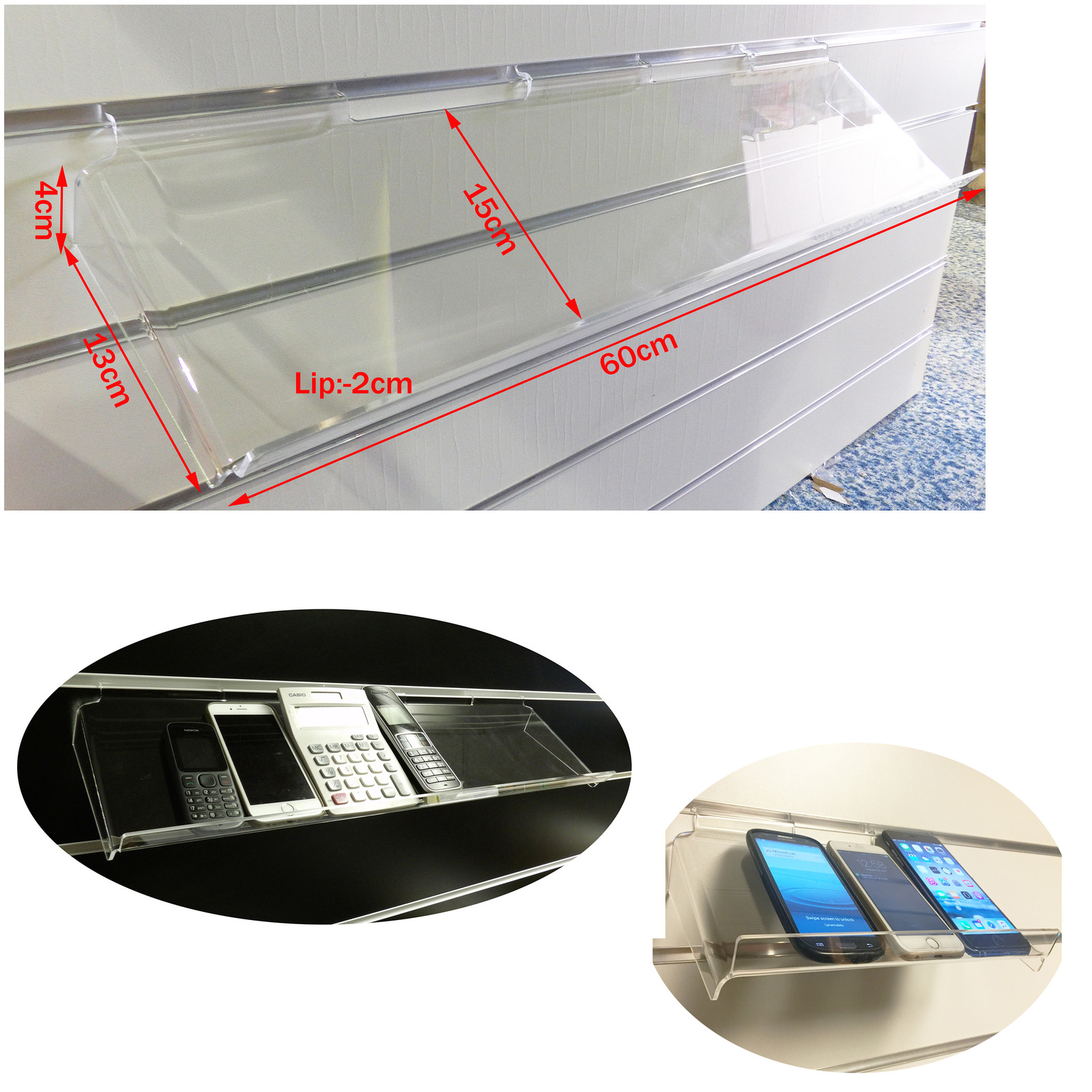NEW ACRYLIC ANGLED SLATWALL SLATBOARD SHELVES DISPLAY MOBILE PHONES