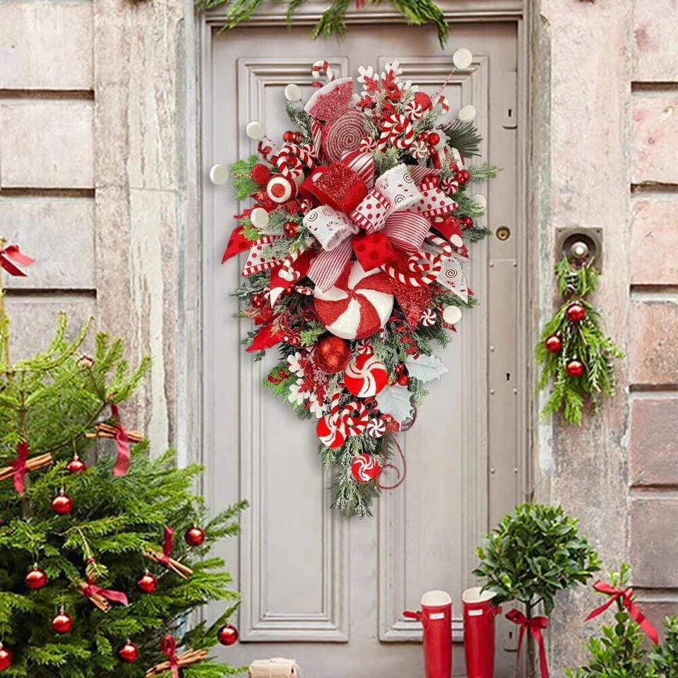Christmas Candy Cane Bow Door Wreath Xmas Home Hanging Garland Flower Wreath AU - image 4 of 4