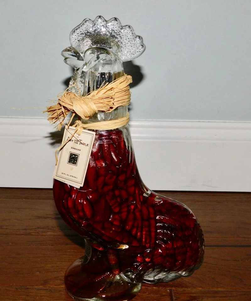¡VNTG! Arte para mesa gallo de vidrio infundido 3 chiles vinagre pimientos botella decoración Foto 2 de 4