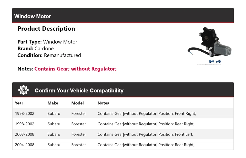 For 1998-2008 Subaru Forester Window Motor Cardone 1999 2000 2001 2002 2003 2004 - Image 2 of 4