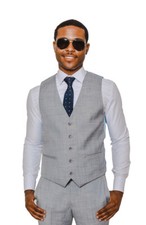 Slim Fit Men's Dress Vest Silver Windowpane Plaid V Neck 5 Buttons 16308 AZARMAN