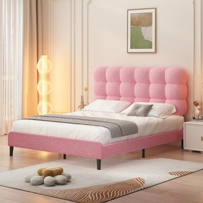 Queen Boucle Upholstered Headboard Platform Bed Frame No Box Spring Pink