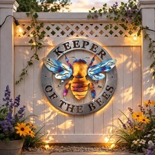 Colorful Metal Bee Wall Art Sign    Keeper of the Bees  Rustic Garden Decor  