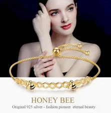 Bee Honeycomb Bracelet 925 Sterling Silver Yellow Gold Adjustable Jewelry Women