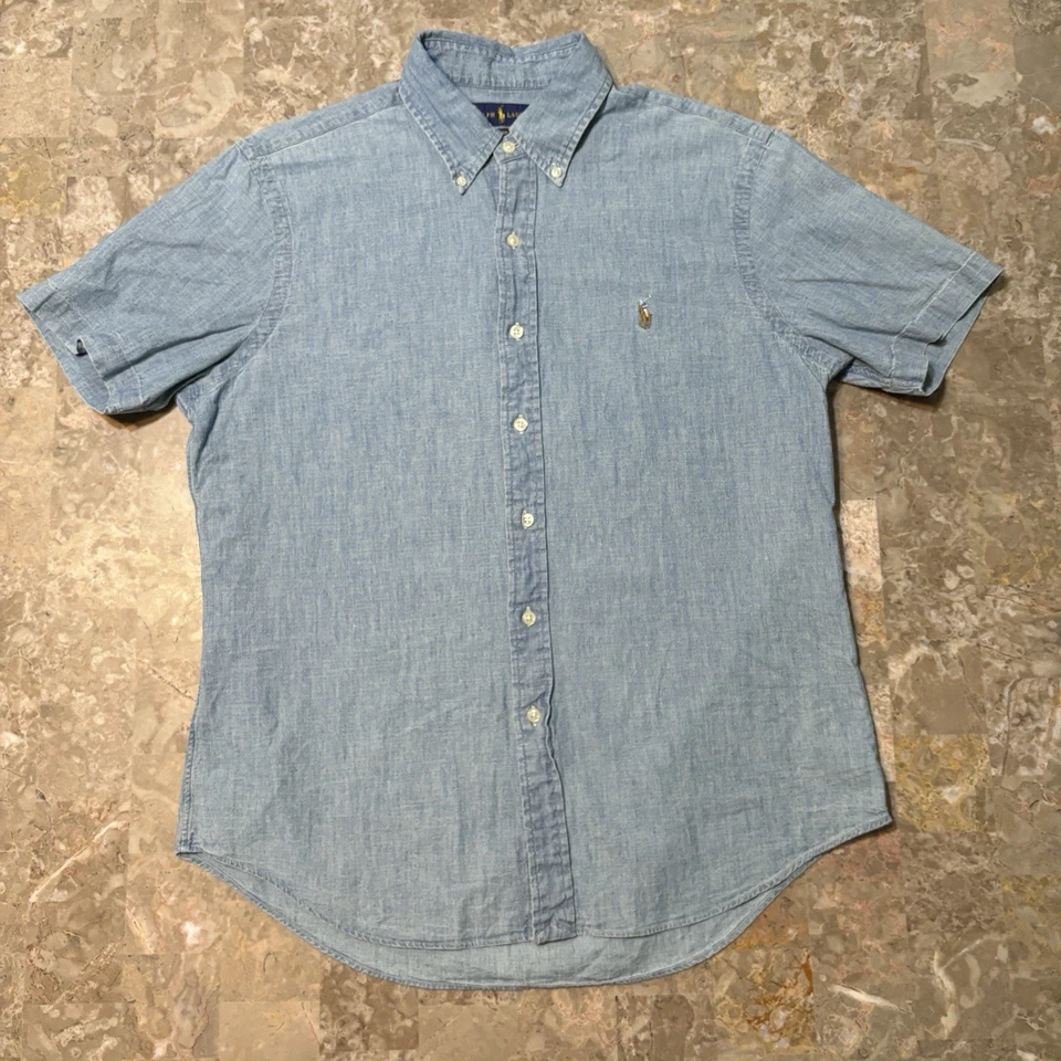 Polo Ralph Lauren Shirt Mens Medium Blue Classic Fit Chambray Denim Short Sleeve - Image 2 of 4