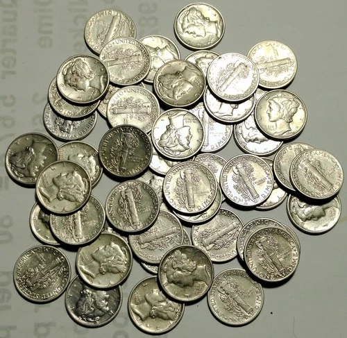 Roll lot of 50 AU/BU Mercury Winged Liberty 90% Silver Dimes 1935-1945