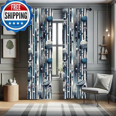 Ambesonne Space Window Curtains Planets Bar Stripes Stars Rockets And