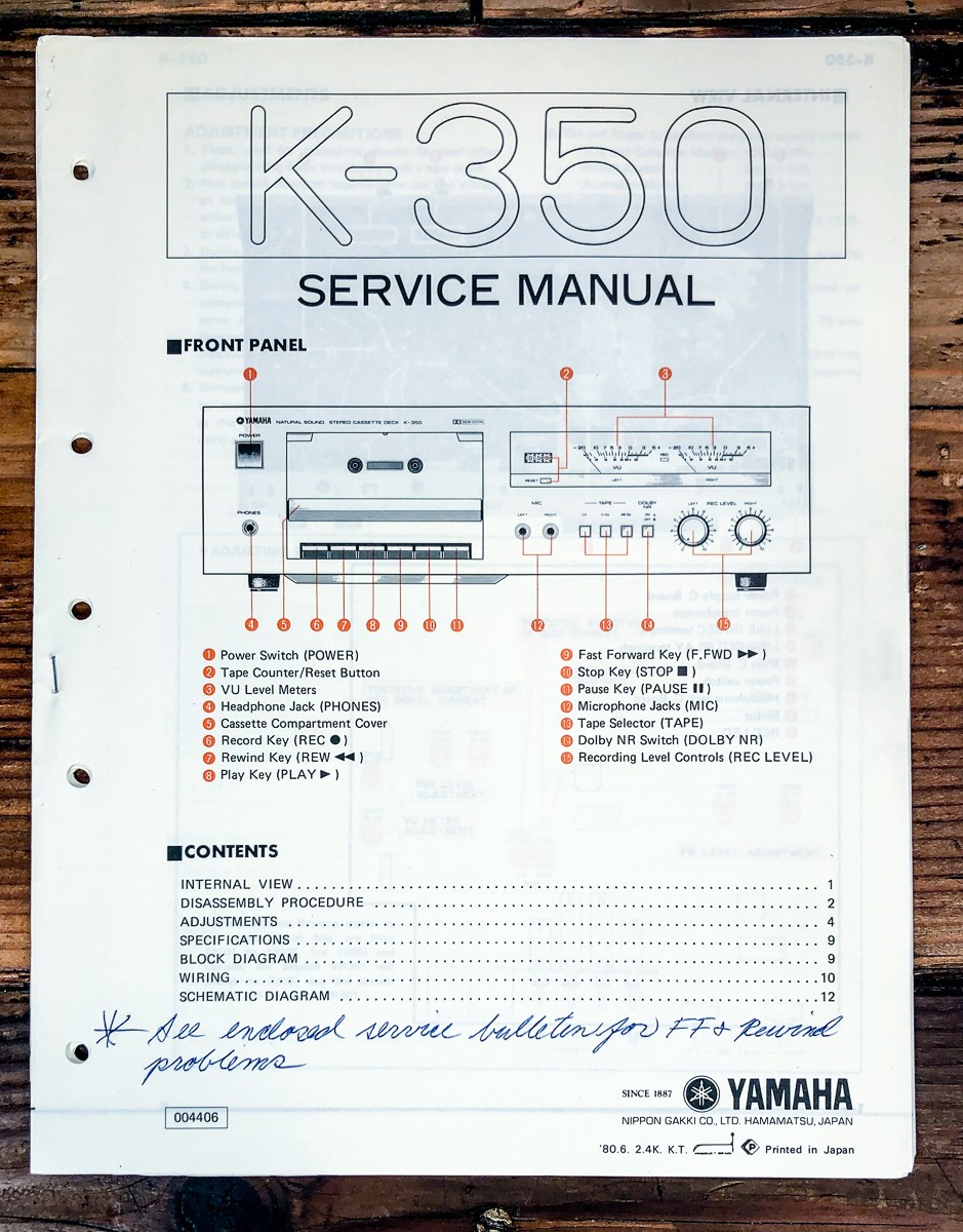 Yamaha K-350 Cassette Service Manual *Original*