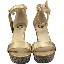 G By Guess Sandal Womens 8MGold Logo Platform Heel Wedge Ankle Strap