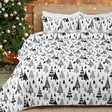 Reversible Christmas Quilt Set Queen - 3-Piece Winter Bedding with Shams
